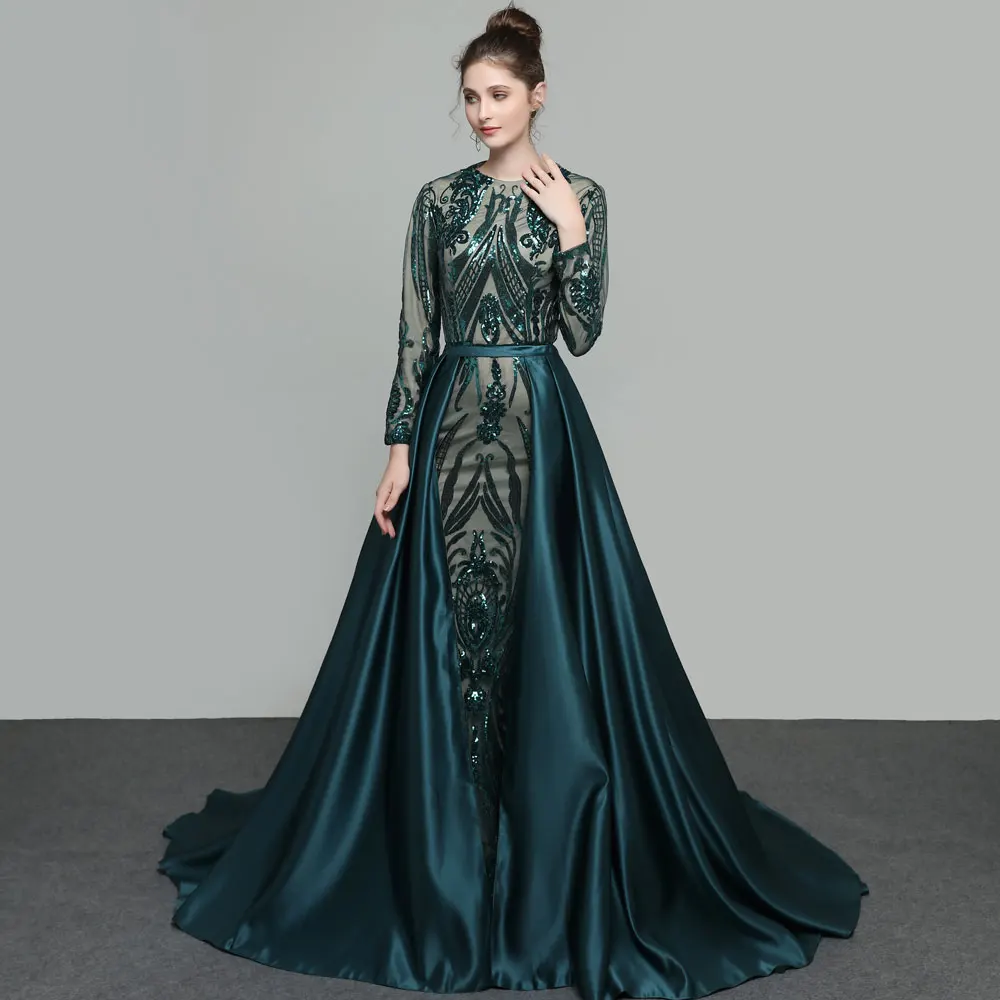 Hot sale Elegant Muslim Green Long Sleeves Evening Dresses With Detachable Train Sequin Bling Mother of the Bride Dresses plus