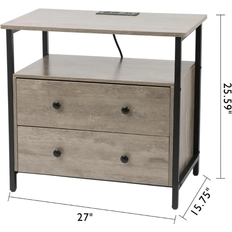 منضدة مقاس 27 بوصة مع قاعدة شحن ودرجين وطاولة بجانب السرير ورف مفتوح للتخزين باللون الرمادي، مجموعة من 2 #3