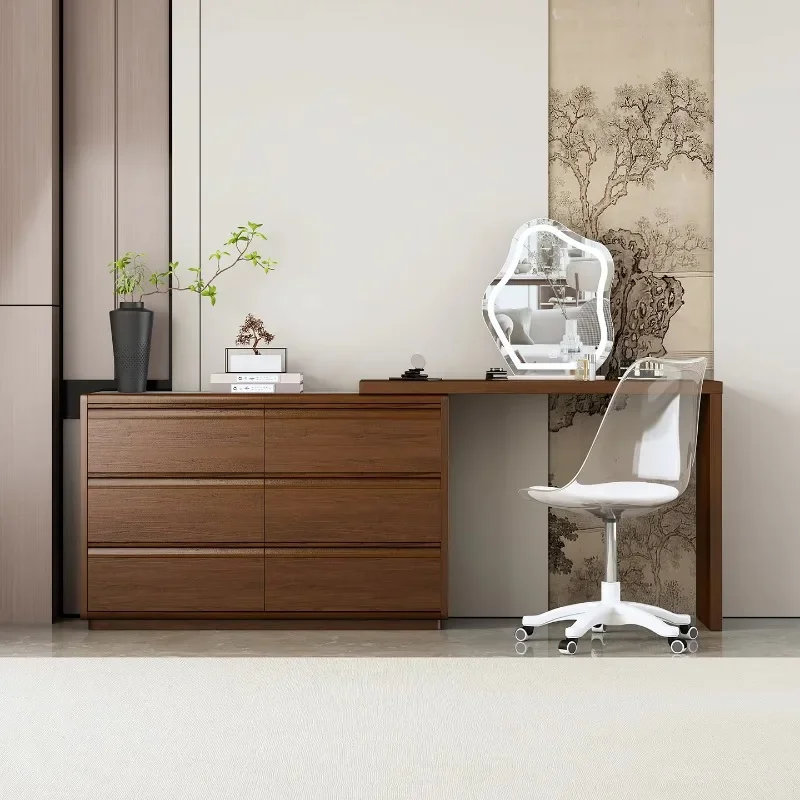 Classic Chinese Brown Wood Dresser with Adjustable Light Emitting Diode Mirror and Drawers