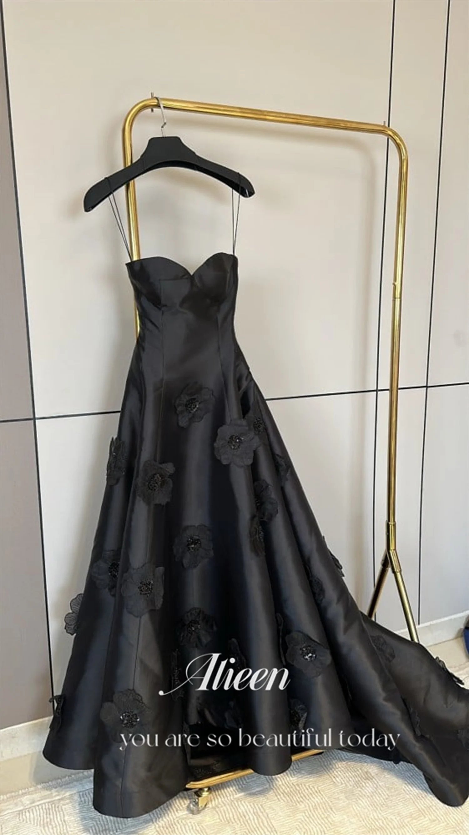 Flowers Spaghetti Straps Satin Black Elegant Party Dresses 2024 customized With Sleeves Colored Dress Evening Gown Robe Soiree