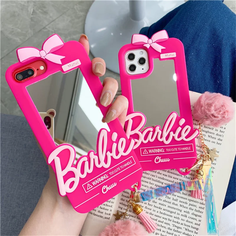 Y2K Kawaii Barbie Phone Case for 11 12 13 14 Pro Max Mini Xsmax Xr Xs X 6 7 8 Plus Anime Doll Pendant Fashion Cover with Mirror