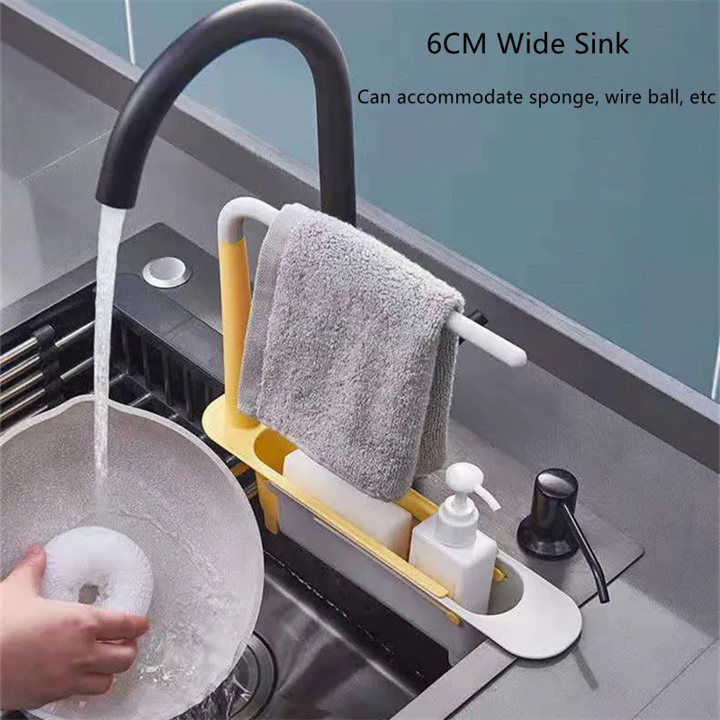 Kitchen Sink Organizer Telescopic Sink Shelf Soap Sponge Holder Towel Hanger Sink Drain Rack With Drainer Basket Kitchen Gadgets