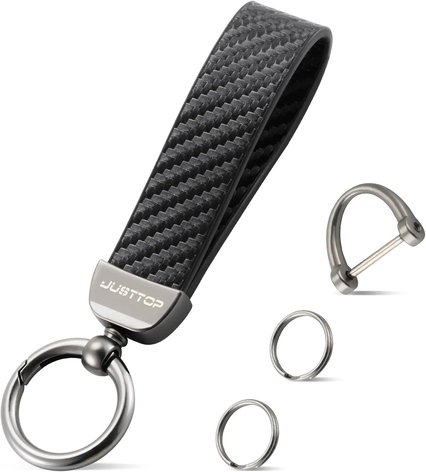 JUSTTOP Leather Keychain, Carbon Fiber Car Key Chain with Anti-Lost D-Ring and 2 Key Ring, Keychain Wristlet, Car Accessories, U