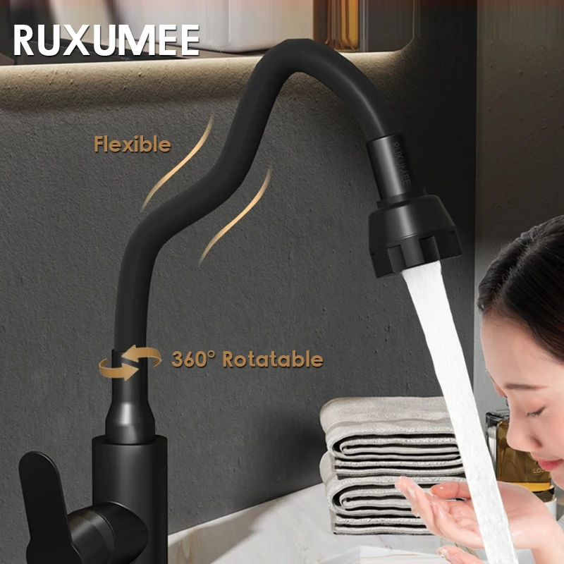 

Кухонный смеситель из нержавеющей стали, вращающийся на 360 градусов гибкий смеситель для раковины с одной ручкой, смеситель для холодной и горячей воды, черное крепление на палубу