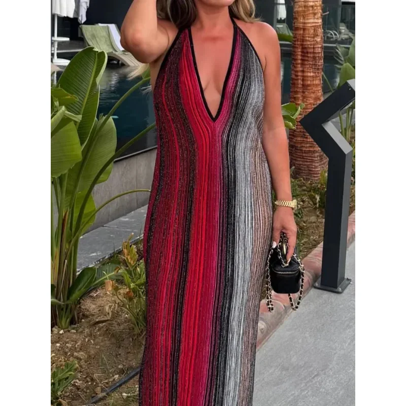 

Red or Green Women Backless Robe Sequined Striped Halter V-Neck Sleeveless Slim Knitted Long Dress