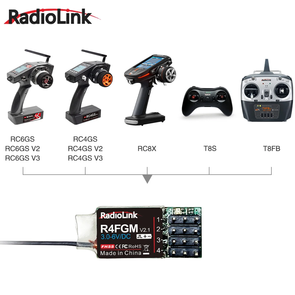 Radiolink R4F/ R4FGM (con giroscopio) ricevitore PWM 4CH 2.4Ghz gamma 400m compatibile RC6GS/ RC4GS/ FC8X/ T8S/ T8FB per barca per auto RC