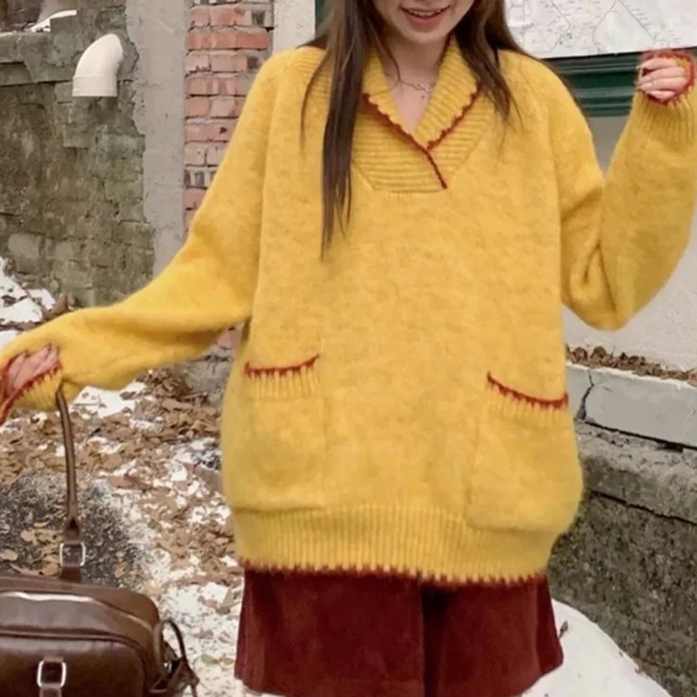 

Sweet design loose knitted sweater top yellow soft waxy sweater women's autumn and winter 2025 new lazy wind