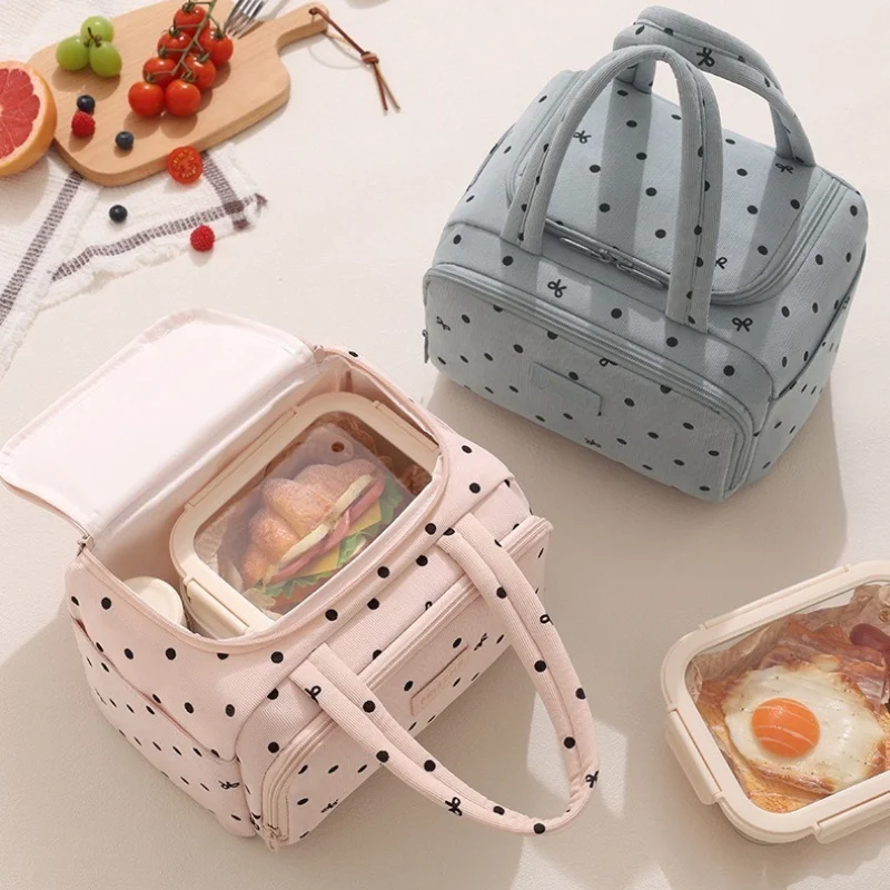 Polka Dot Corduroy Thermal Insulated Lunch Bag Large Capacity Portable Shoulder Tote for Men And Women Outdoor Work Commuter Box