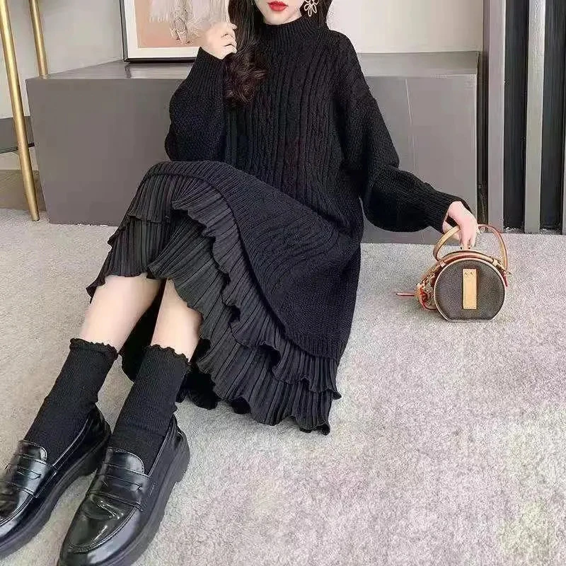 Autumn Winter Long Sleeve Sweater Dress Women Korean Ruffles Loose Knitted Dresses Woman 2023 Women\'s Mid-Length Knit Base Dress