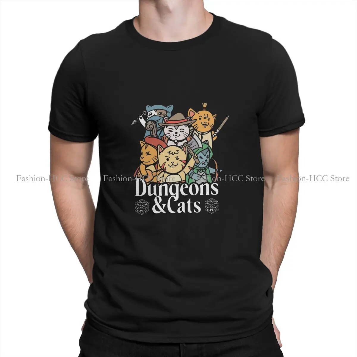 

DND Game Polyester TShirt for Men Dungeon Cute Cat Soft Casual Sweatshirts T Shirt High Quality Trendy