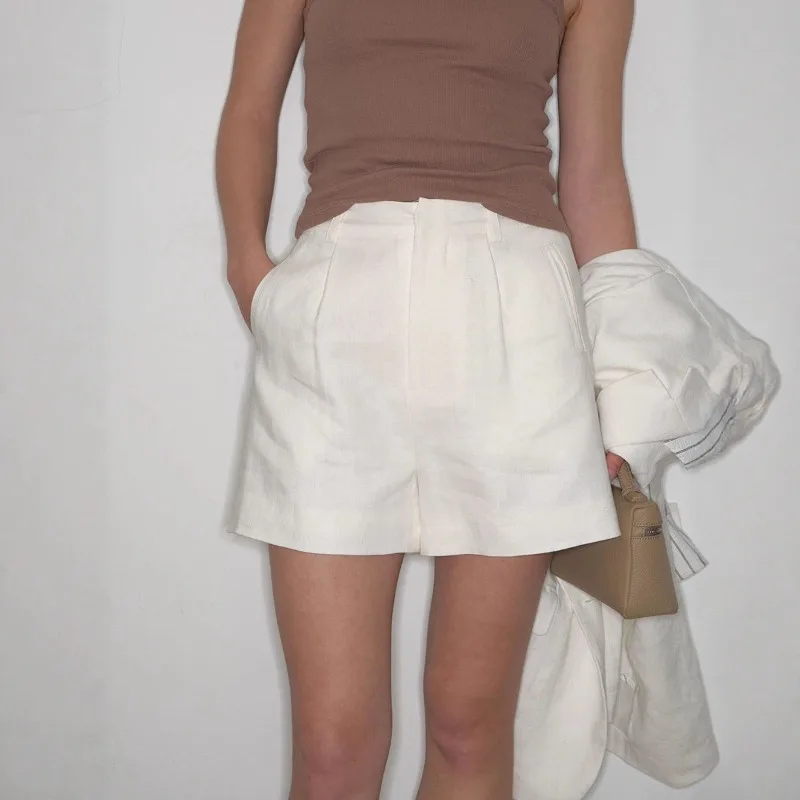 Normandy Linen Suit Shorts, Summer Cool A-shaped Wide-leg Cropped Pants, Hot Pants