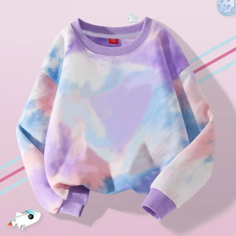 Nice 2025 Men's Clothing Spring Autumn Tees New Children's Cute Tie Dyeing Versatile Hoodie Boys Girls Baby Top Round Neck T-Shi