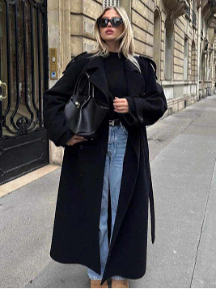 

Street Style Long Overcoat Women's 2025 Woolen Trench Coat Double Breasted Belted Loose Fit