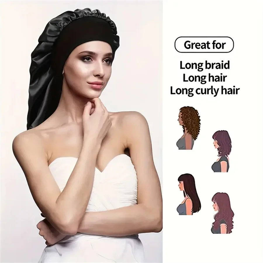 New Women Long Satin Bonnet Sleep Cap Silky Sleeping Cap with Wide Elastic Band Hair Care Turban Braids Curly Hair Natural Hair