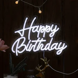 Happy Birthday Neon Light Up Sign, Led Sign for Backdrop All Birthday Party Decoration USB Powered Warm White/Pink wall decor
