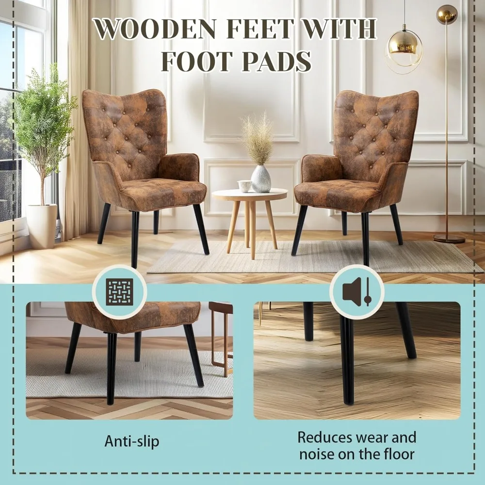 WingBack Chair, Rustic Accent Chair with Arms Upholstered, Button Backrest for Living Room (Brown)