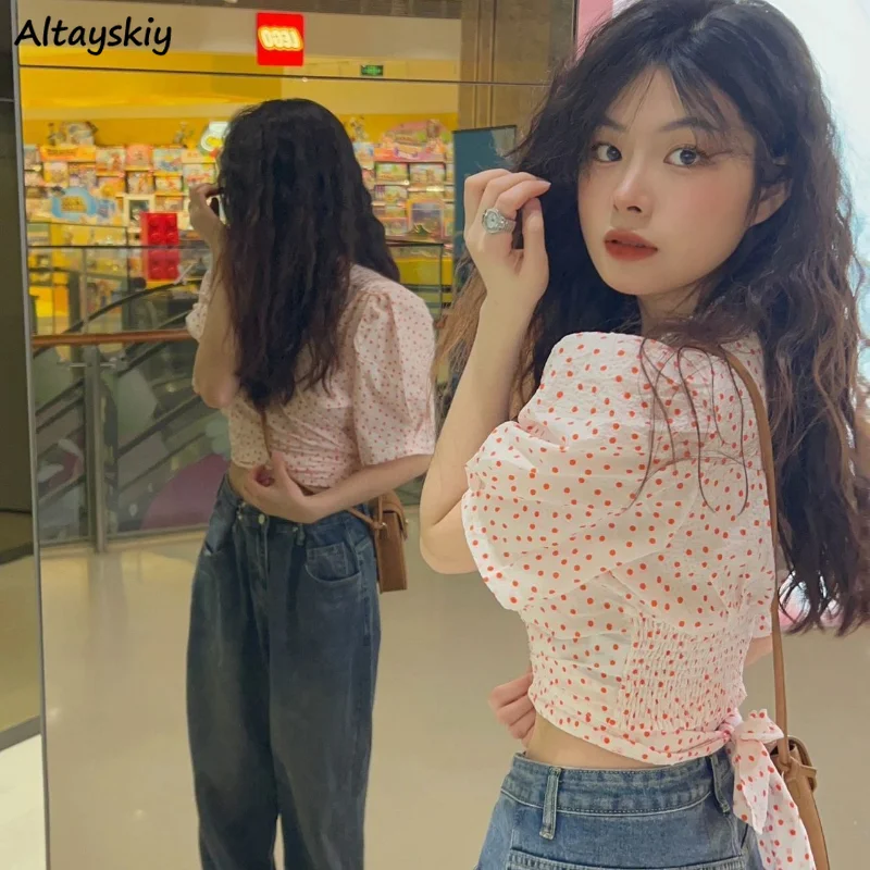 Blouse Women Summer Dot Lace-up Cropped Design Chic Retro Sweet Ladies Puff Sleeve All-match Fashion Casual Popular Ulzzang Ins