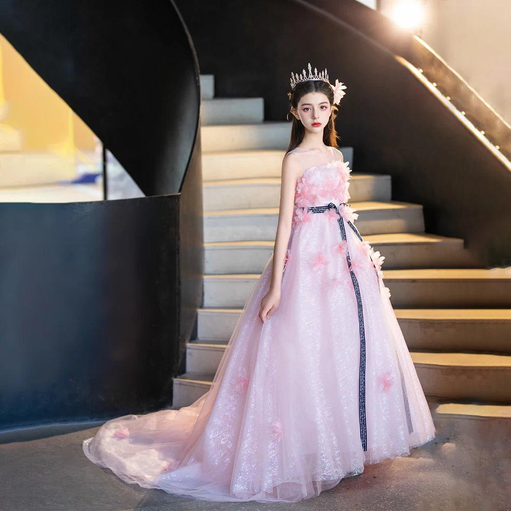New Fashion Pink A Line Evening Dress 3D Flowers Trailing Long Dress Blue Luxurious Strapless Draped Girl's Formal Party Gowns