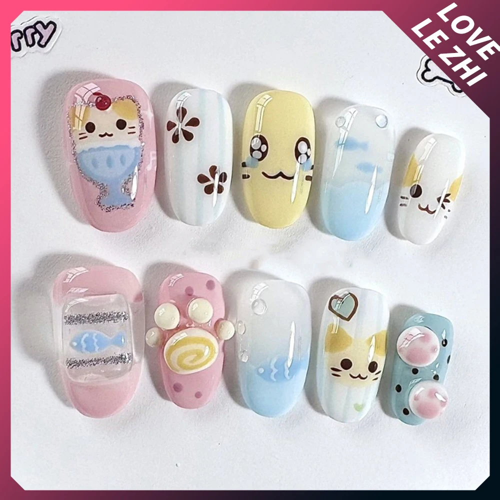 เล็บปลอมลายการ์ตูนอนิเมะริลัคคุมะ ทำมือ ทรงสั้น สี่เหลี่ยม อัลมอนด์ ลายหมีน่ารัก แมว ใบโคลเวอร์สี่แฉก วาดด้วยมือ