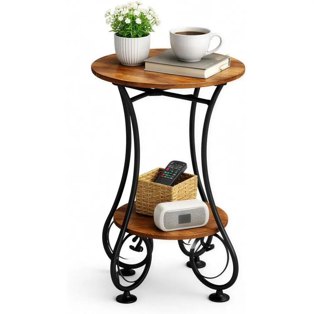 Small Round Side Table with Lower Shelf for Small Spaces, Compact End Table or Sofa, Bed Nightstand, Coffee & Drink Table for Li