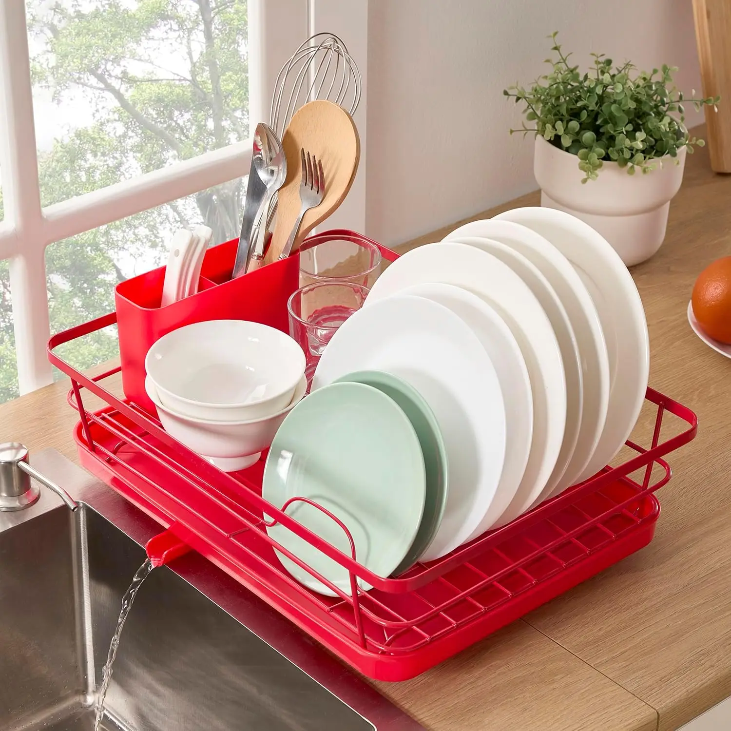 

Dish Drying Rack 3-Piece with Removable Utensil Holder & Swivel Spout – Red