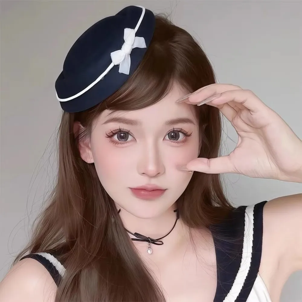 Vintage Hepburn Fedoras Hat Dome Lolita Bow Beret Velvet Party Headwear Hairclip Beret Women