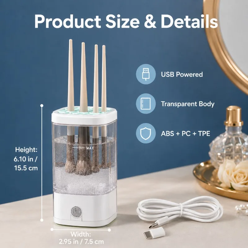 Imagen 6: Máquina Limpiadora de Brochas de Maquillaje USB, Lavadora Automática de Brochas con Secado Rápido, Esterilización UV y Soporte de Almacenamiento