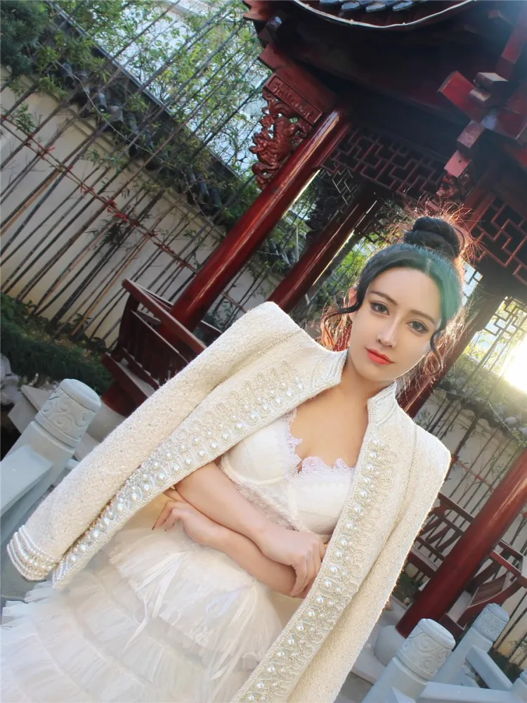 Vintage Court Style Elegant Ladies Woolen Jacket Stand Collar Slim Fit Autumn Winter Long Sleeve Pearl Beading Women Short Coat