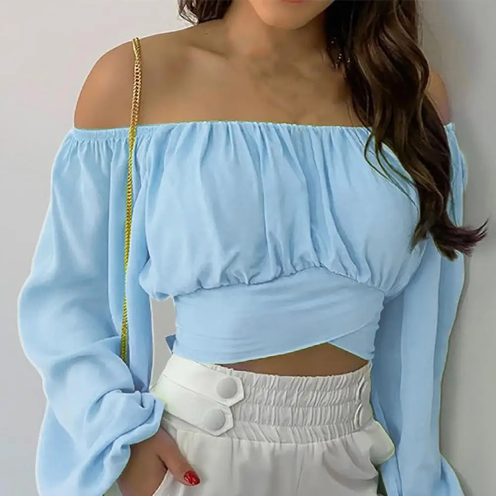 Puff Hülse Blume Drucken Kreuz Strap Crop Tops Frauen Casual Bluse Off Schulter Langarm Shirts Cocktail Party Club Tragen