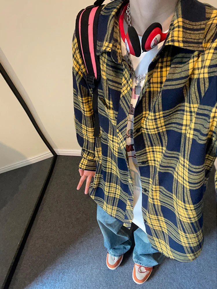 

2025 New Plaid irt Men Long Sve Spring Autumn American Retro Yellow High-End Feeling Men's irt Jaet Loose Fit Youth ...