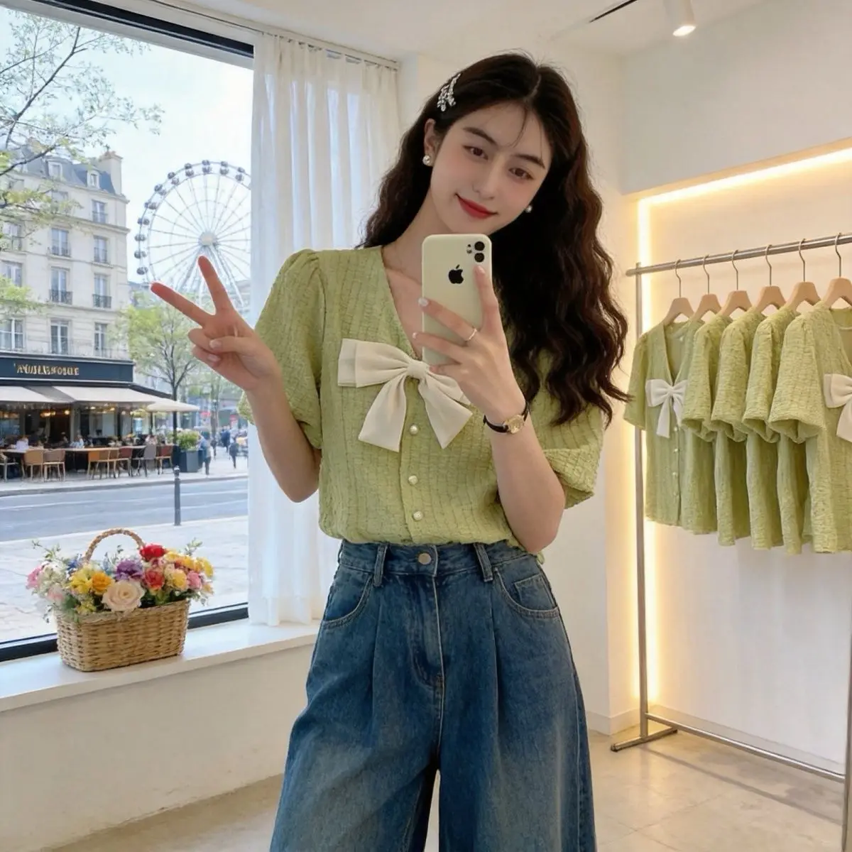 

Pink V-neck Bowtie Short Shirt Women's Design Summer Korean Style Gentle Sweet Bubble Sleeve Top Fashionable Casual Blouse