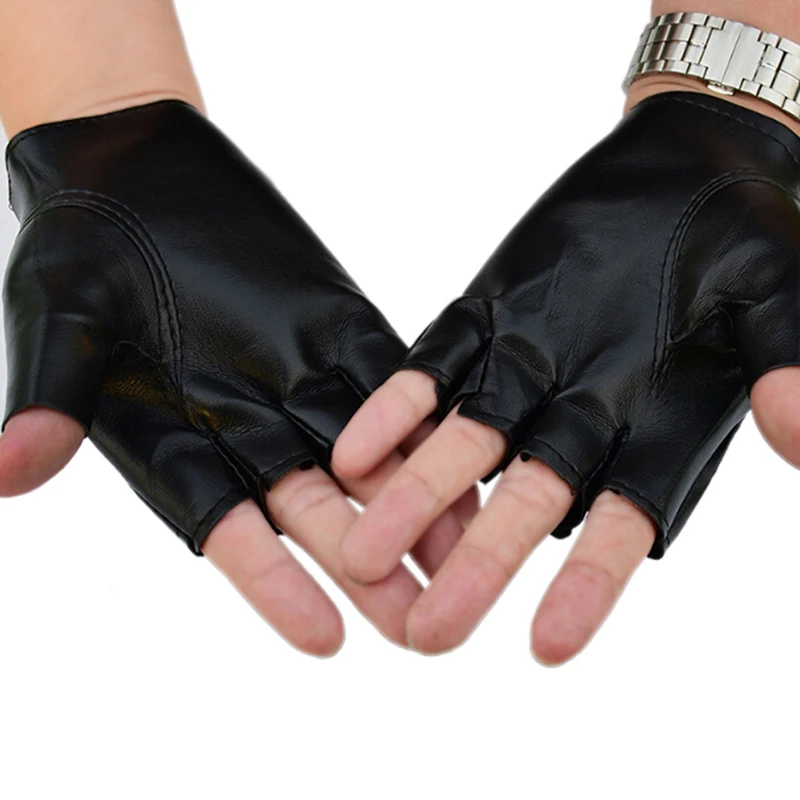 (.) Black Punk Short PU Leather Rivets Stud Half-Finger Gloves Hip-Hop Driving Motorcycle Cool mittens Hollow Out Gloces