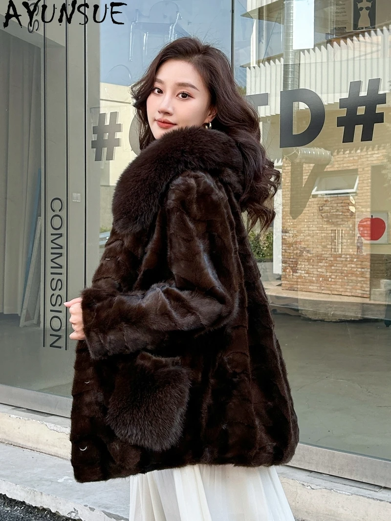 AYUNSUE Natural Mink Fur Jackets Woman Luxury Fox Fur Hooded Winter Jacket for Woman Clothes High Quality Fur Coat Кофта С Мехом