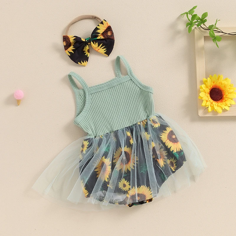 Baby Stram pler Kleid Sonnenblumen Print Spaghetti träger Tüll Rock Saum Baby Body suits Overall Sommerkleid ung mit Stirnband