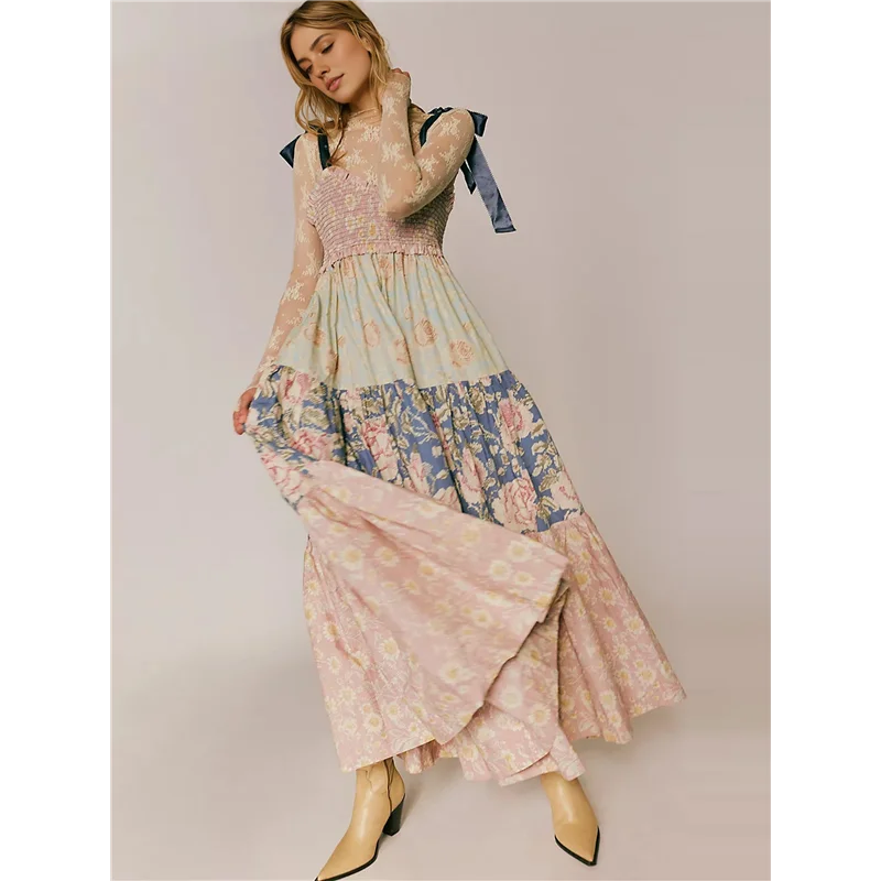 CGS-Donna floreale Boho Vestito estivo con cravatta sulla spalla Smocked Patchwork Abiti maxi fluidi con tasche Estate Autunno