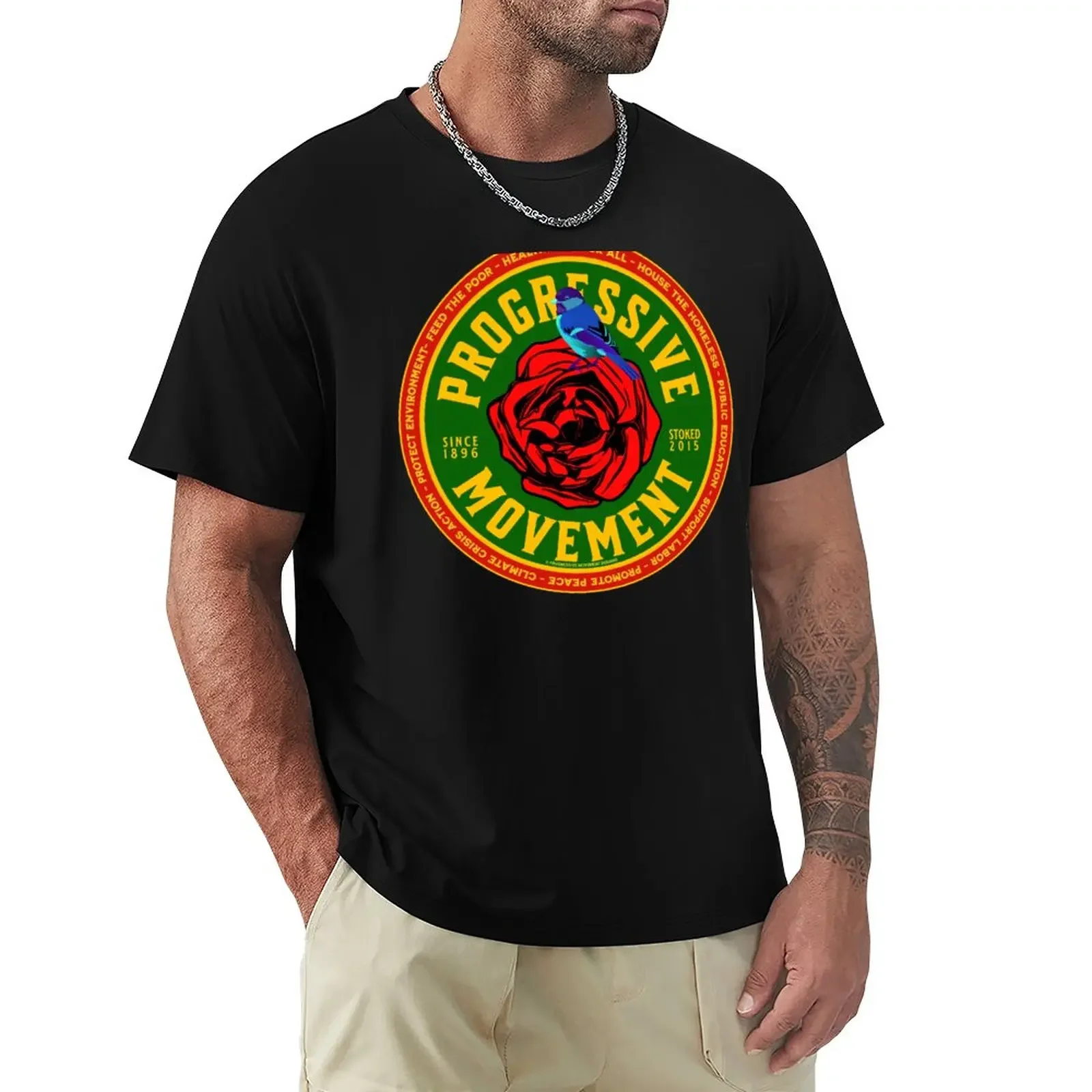 PMD00141 Progressive Movement Designs red rose on green with blue bird with political goals design for progressives and T-Shirt