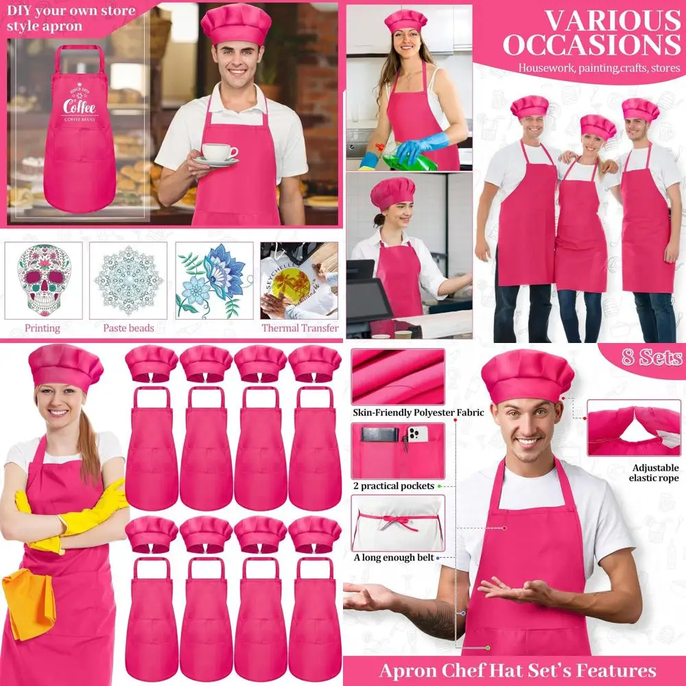 

8-Piece Christmas Chef Hat & Apron Set with Pockets for Adults - Unisex Cooking Wear