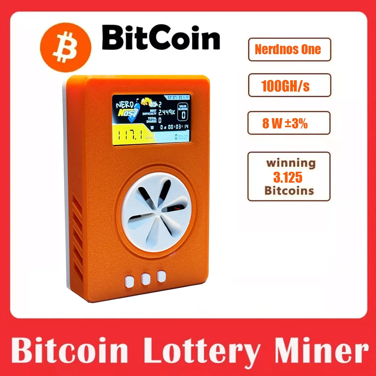 NerdMiner Nerdnos one  100GH/s Bitcoin Solo Lottery Miner Win 3.125 BTC Miner with USB-C Cable WiFi Connection