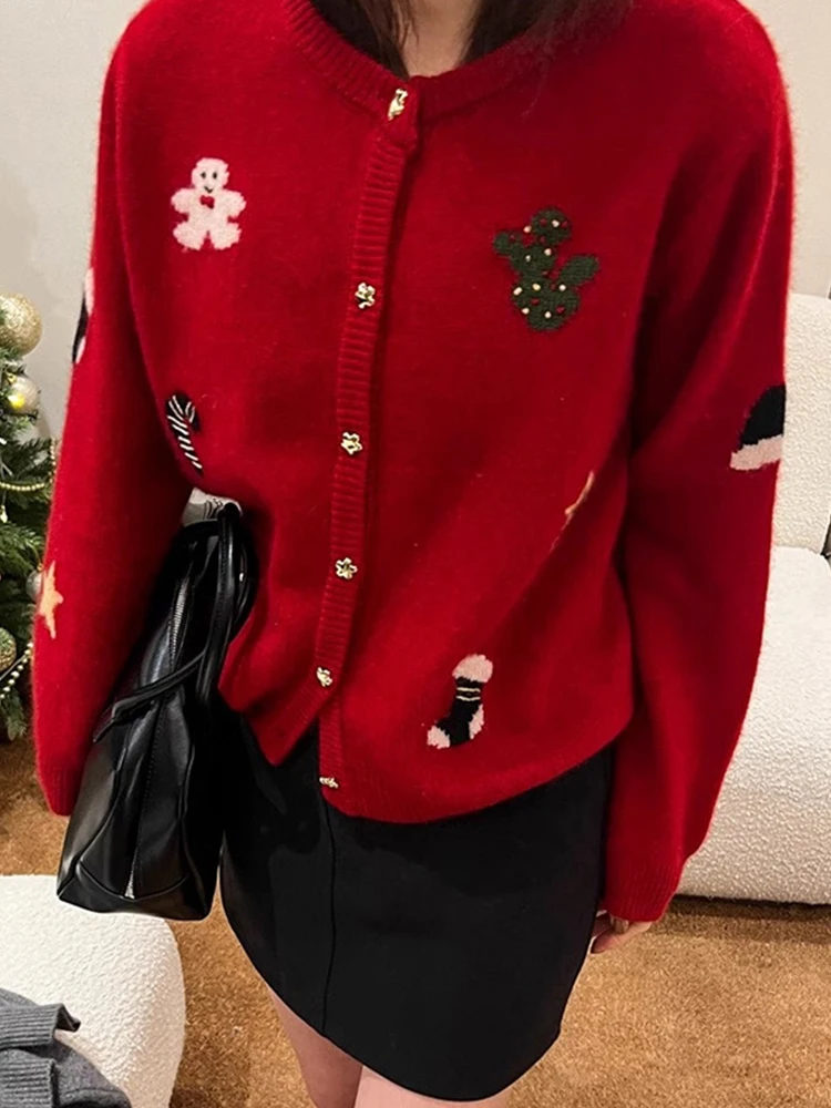 

Comfortable Thickened Knitted Open Cardigan Women's Style Christmas Theme Long Sleeve round Neck Single Button Sweater Coat