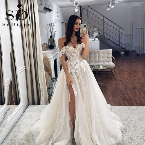 SoDigne-vestidos de novia bohemios con abertura lateral y hombros descubiertos, Apliques de encaje, corte en A, vestido de novia con forma de corazón personalizado