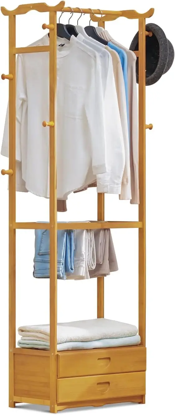 Bamboo Garment Rack with Drawers and Hooks, Freestanding Clothes Racks Storage Shelving Organizer Unit for Bedroom Laundry