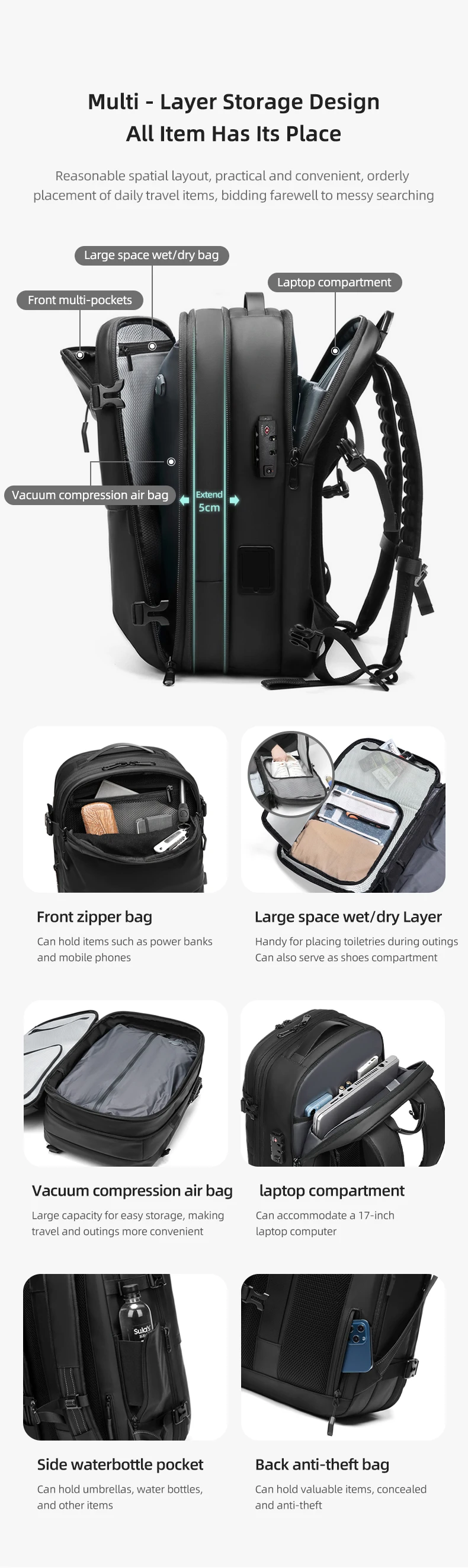 Herren-Reiserucksack mit One-Click-Start-Pumpe, Vakuum-Kompression, Laptopfach, Wandern, Outdoor, 17 Zoll, erweiterbarer Schulrucksack – Detail 7