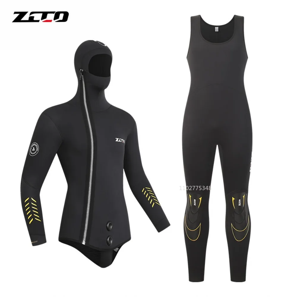 5mm Neoprene Wetsuit Underwater Fishing Spearfishing Fullbody Diving Suit Hooded Two-piece Set Pant Top Scuba Diving Wet Suit