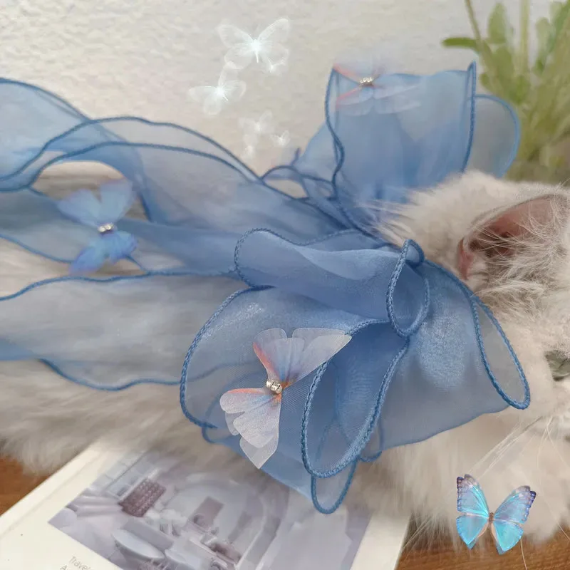 Handmade Lace Neck Collars for Pets, Big Bow Collars for Puppy and Cats, Cute and Elegant, Blue and Pink, Pet Accessories
