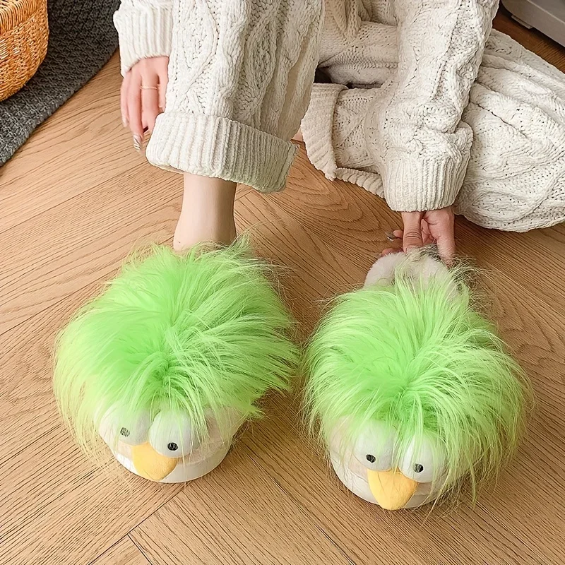 ZUOFU Unisex Lustige Grüne Vogel-Plüsch-Hausschuhe für Herbst und Winter, Rutschfeste EVA-Sohle, Flauschig Warm, Offene Zehenpartie – Detail 4