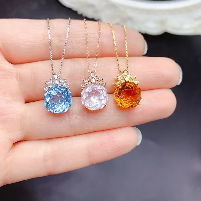 

10mm Brilliant Natural Topaz Citrine and Rose Quartz Pendant 925 Silver Gemstone Necklace Pendant with 18K Gold Plating