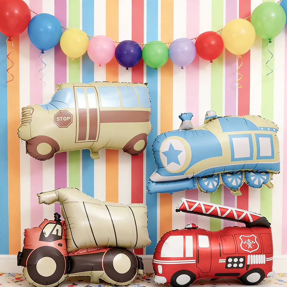 4pcs Car Balloons Set, Cartoon Fire Engine Bus Train Film Balloons, For Birthday Holiday Traffic Vehicle Theme Party Decor, Gift