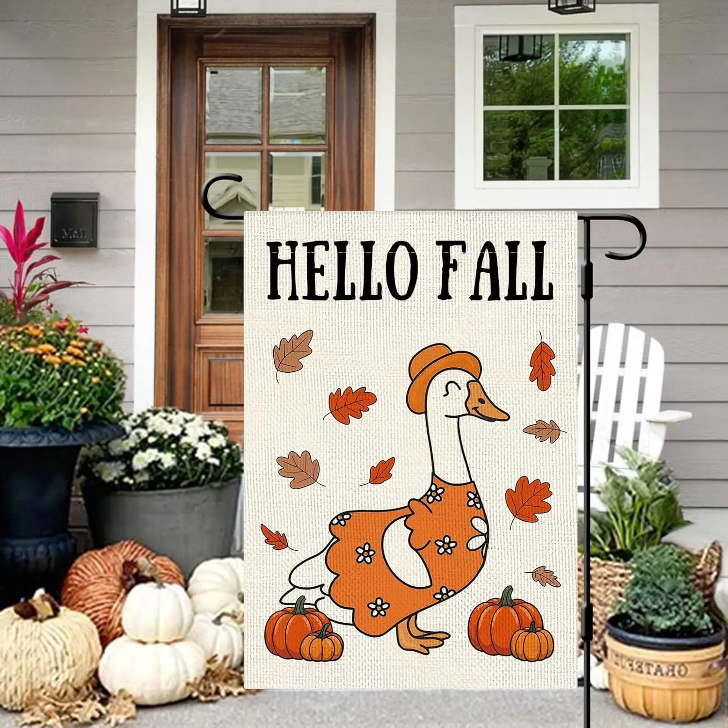 DLZDN Hello Fall Garden Flag Funny Goose Flag 12×18 Inch Double Side Vertical Burlap Farmhouse Yard Sign Autumn Pumpkins Sea SSL