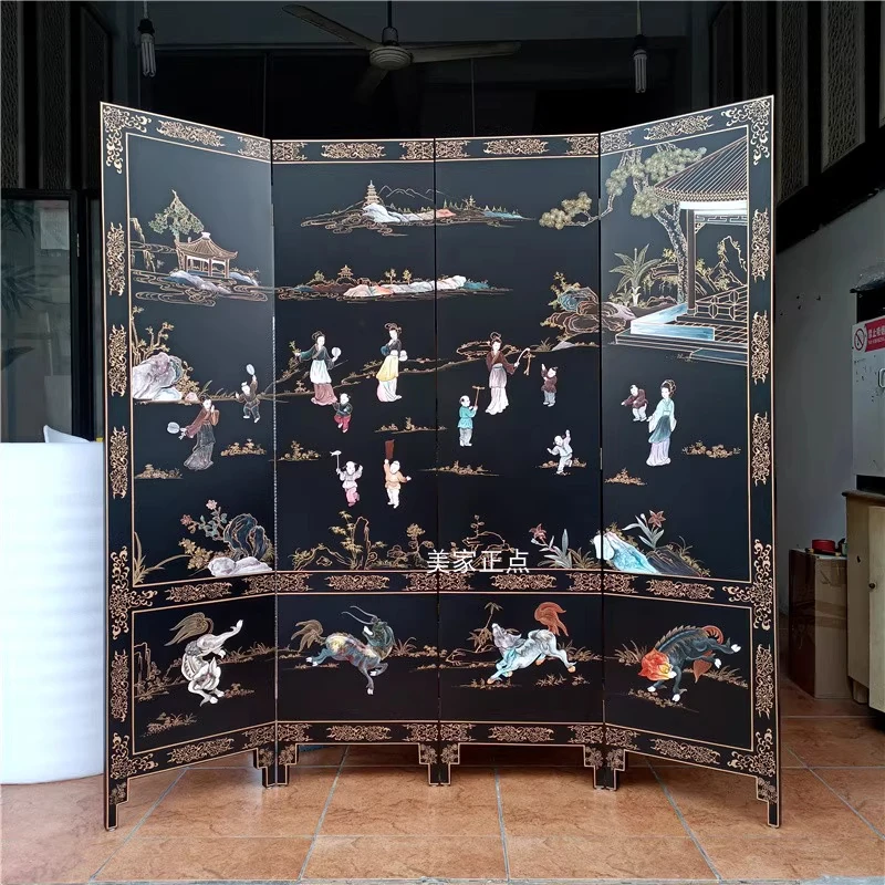 

！@Traditional Solid Wood Birds Flowers Partition Screen Black Background Foldable Room Divider Furniture for Villa's Living Room