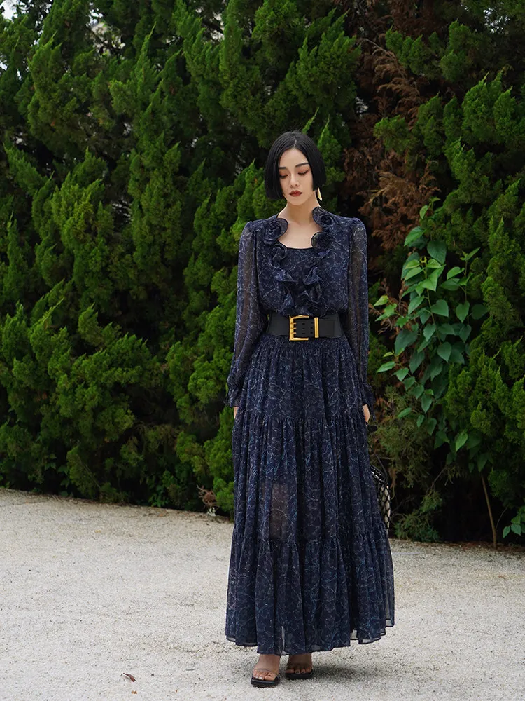 

Retro Ele Design Wood Snowflake Long Sve irt Spring Waist Inward Slim Floral Print Women's Faion Blouse